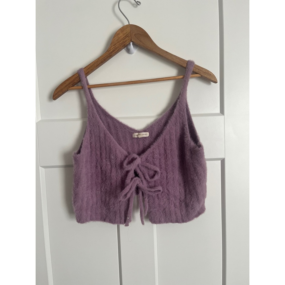 LA Hearts Purple Fuzzy Knit Tie Front Crop Top Ribbed Eyelash Sweater Tank Small
